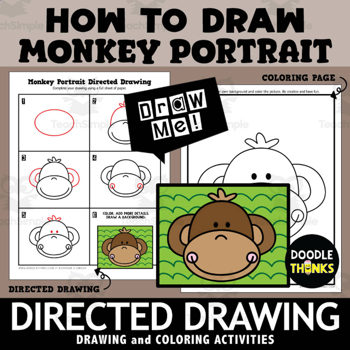 An educational teaching resource from Doodle Thinks entitled Monkey Portrait Directed Drawing | How To Draw downloadable at Teach Simple.