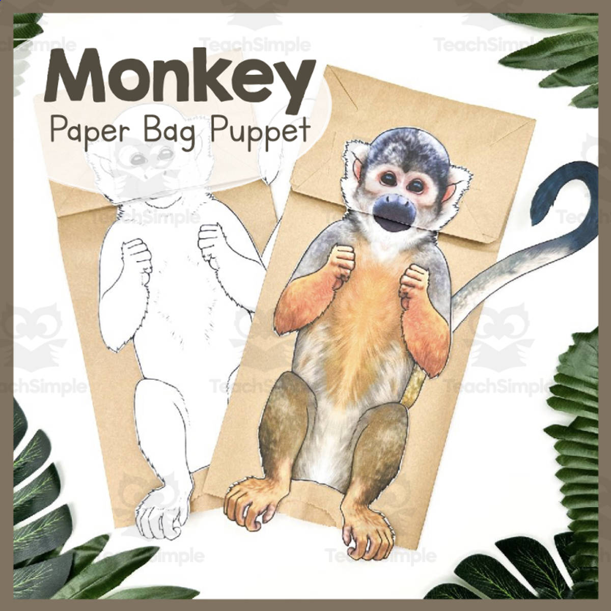 An educational teaching resource from Simply Schoolgirl entitled Monkeys | Paper Bag Puppet | Printable Craft downloadable at Teach Simple.