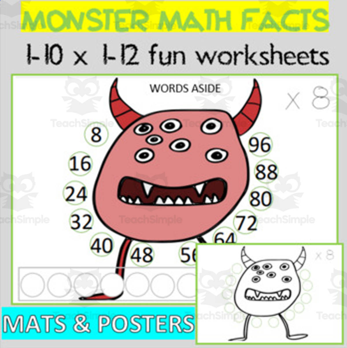 An educational teaching resource from WORDS ASIDE entitled MONSTER MATH FACTS MULTIPLICATION REPEATED ADDITION WORKSHEETS MATS downloadable at Teach Simple.