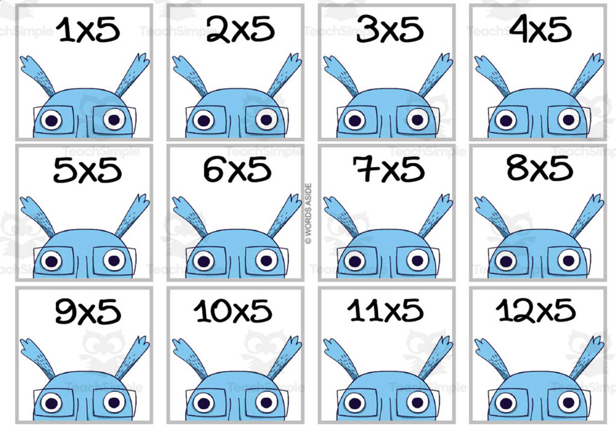 An educational teaching resource from WORDS ASIDE entitled Monster Multiplication Colored Cards x5 downloadable at Teach Simple.