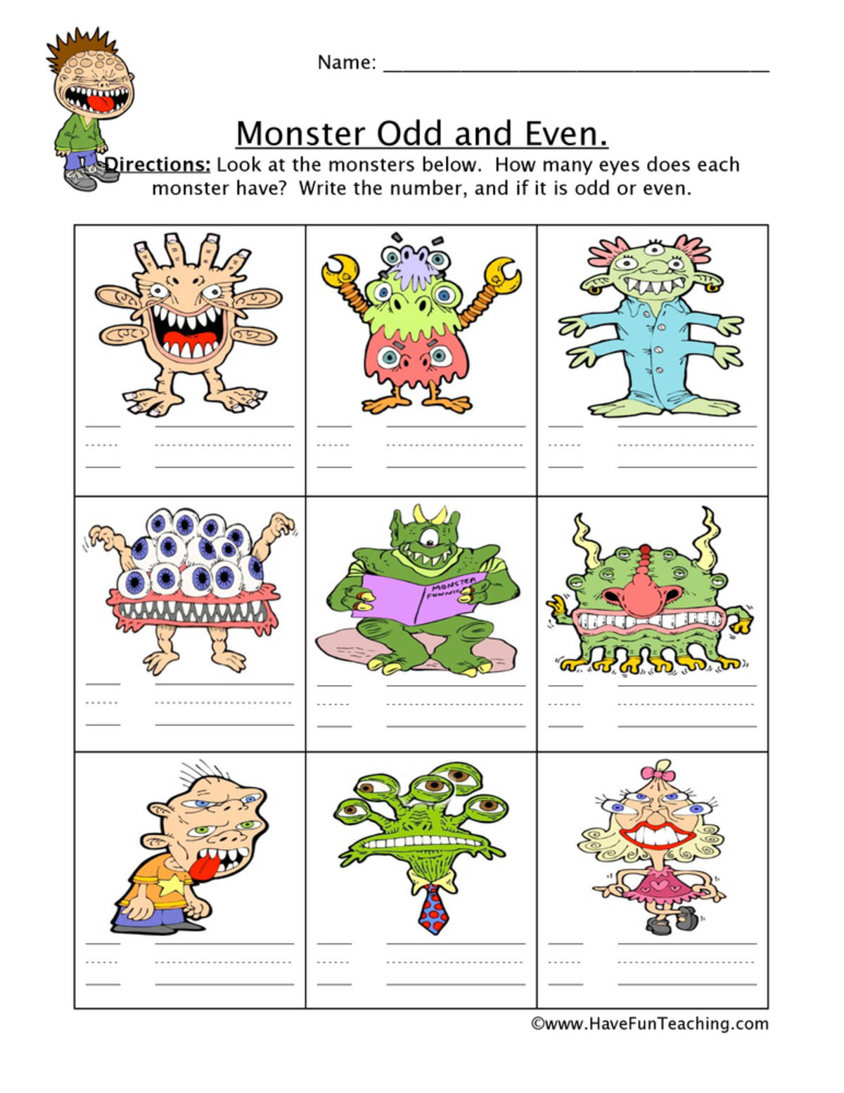 An educational teaching resource from Have Fun Teaching entitled Monster Odd Even Worksheet downloadable at Teach Simple.