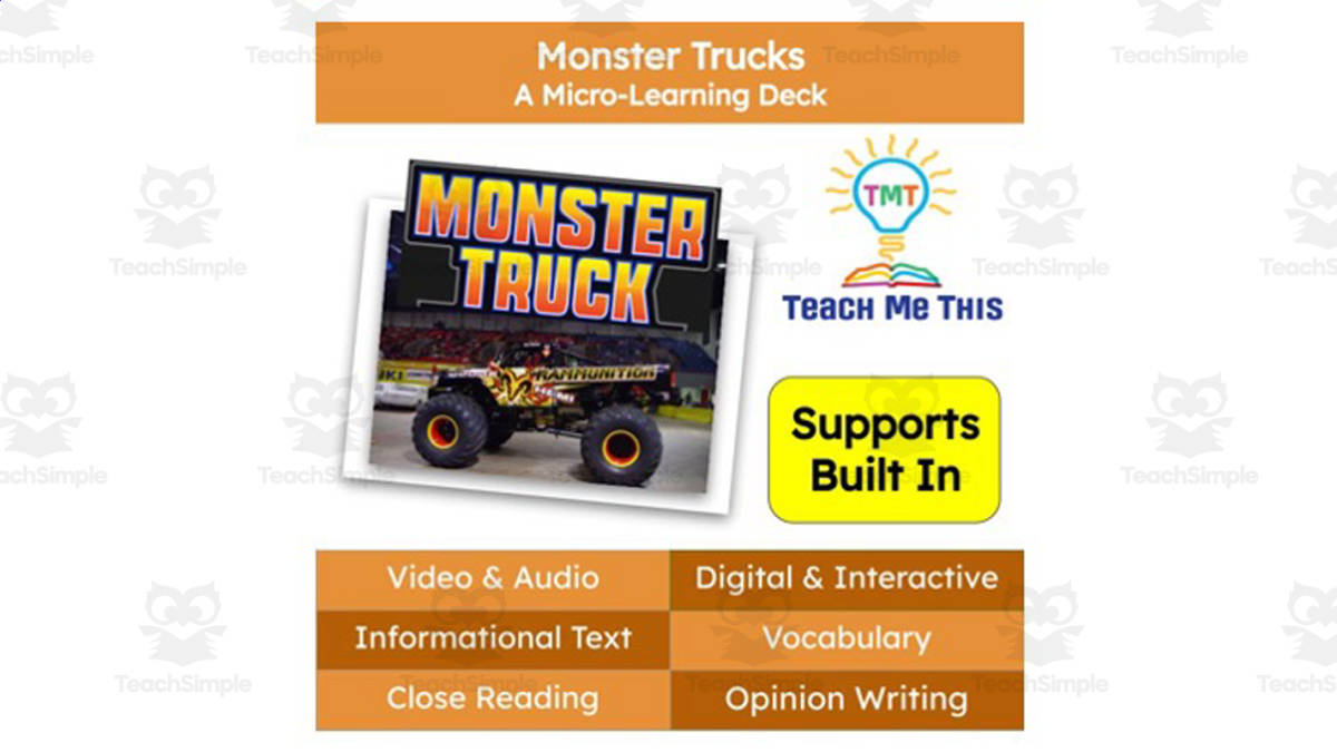 An educational teaching resource from Teach Me This entitled Monster Trucks | Reading Comprehension Deck | Interactive Lesson downloadable at Teach Simple.