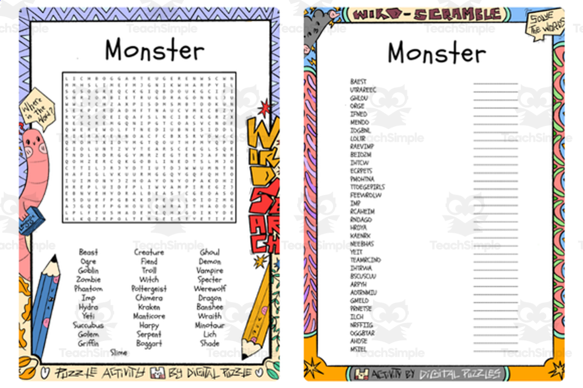 An educational teaching resource from Lapiiin Art Activities entitled Monster word search & scramble downloadable at Teach Simple.