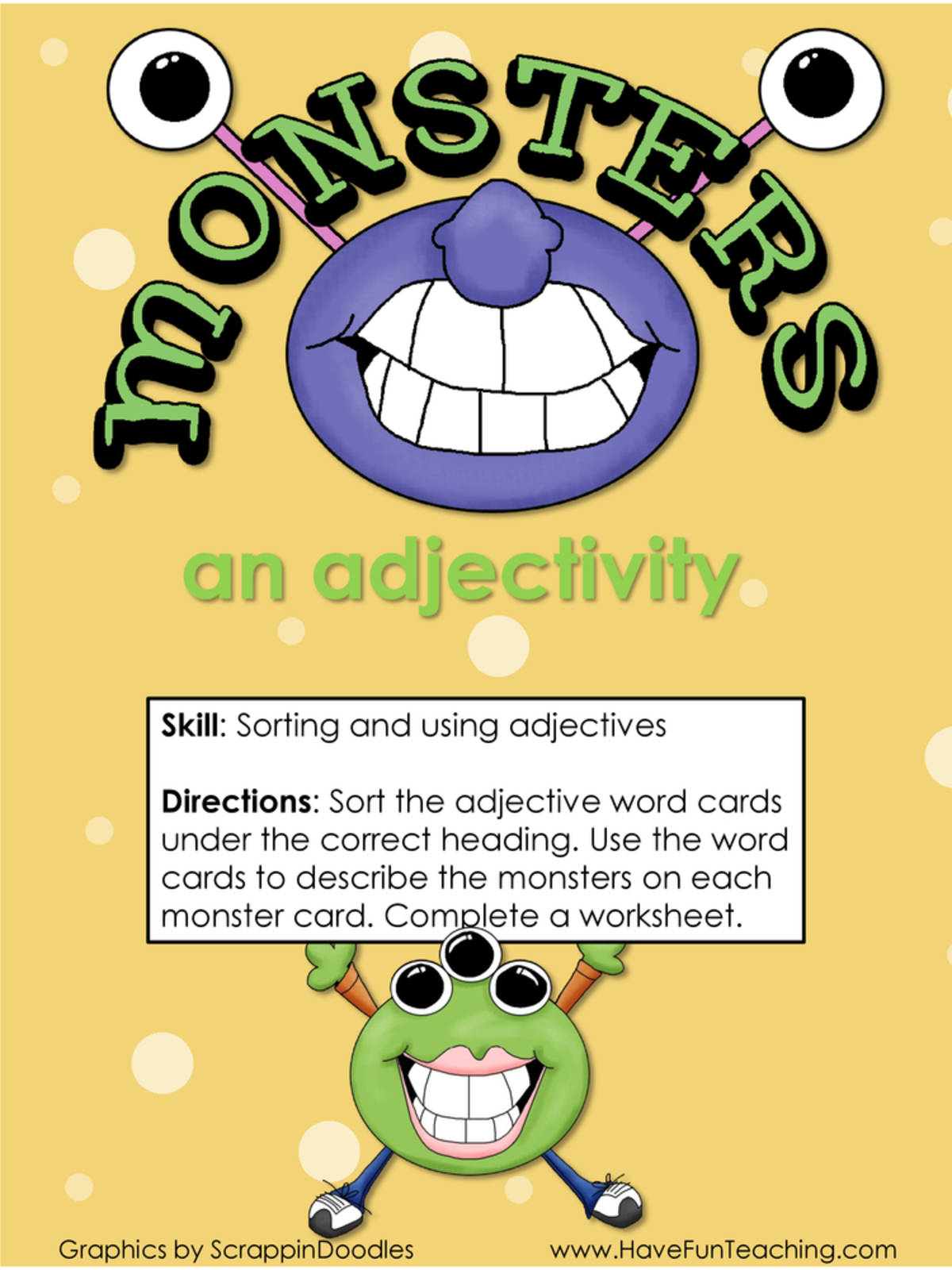 An educational teaching resource from Have Fun Teaching entitled Monsters an Adjectivity Adjectives Activity downloadable at Teach Simple.