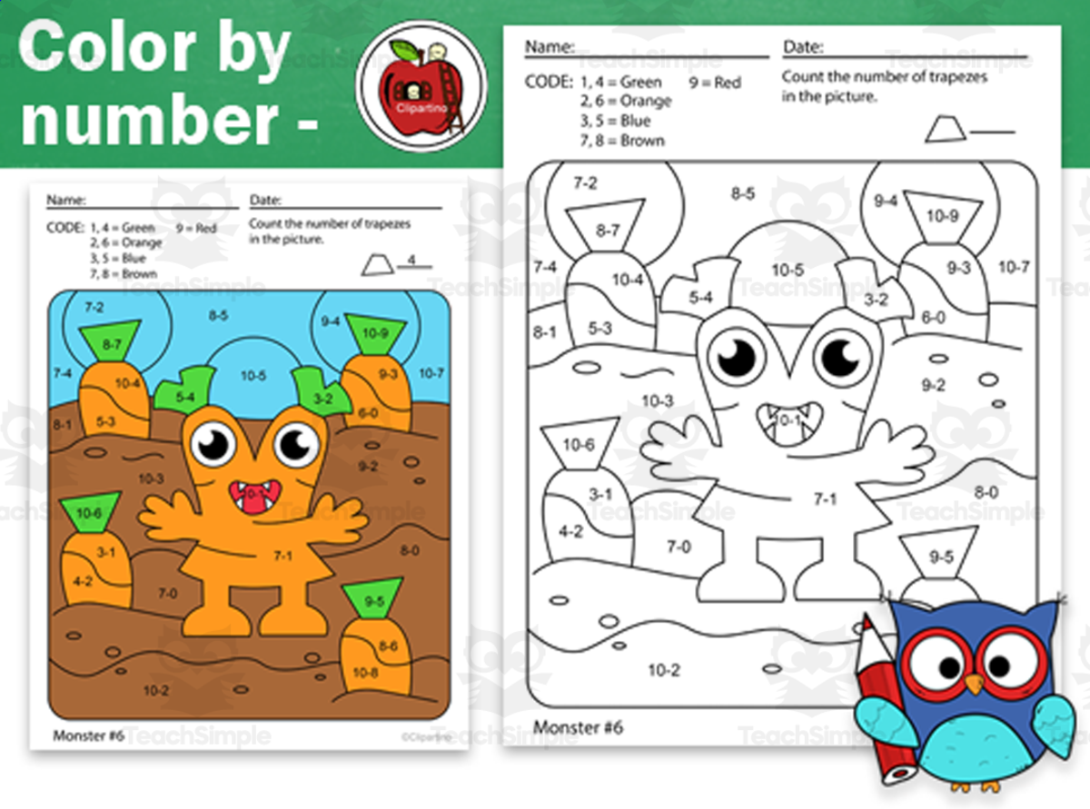 An educational teaching resource from Clipartino entitled Monsters Color By Code Worksheet Subtraction operation downloadable at Teach Simple.