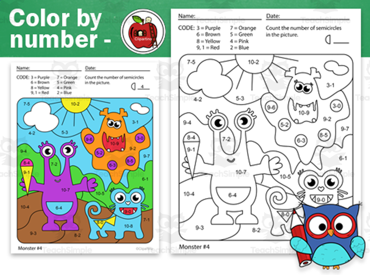 An educational teaching resource from Clipartino entitled Monsters Color By Code Worksheet -Subtraction downloadable at Teach Simple.