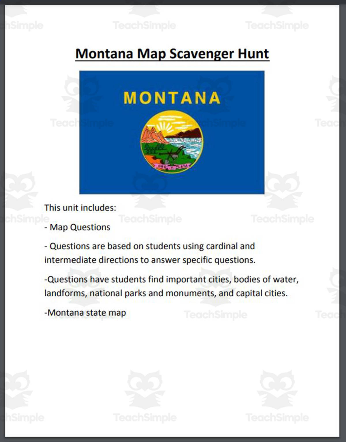 An educational teaching resource from Mr. Matthews Teacher Store entitled Montana Map Scavenger Hunt downloadable at Teach Simple.