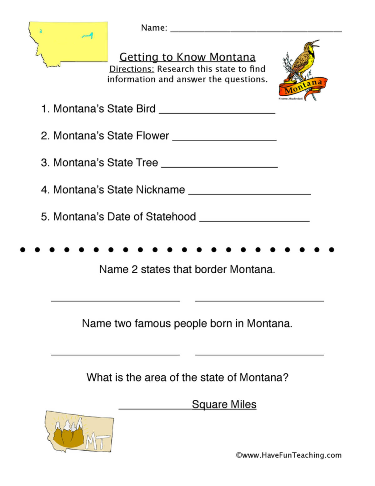An educational teaching resource from Have Fun Teaching entitled Montana Worksheet downloadable at Teach Simple.