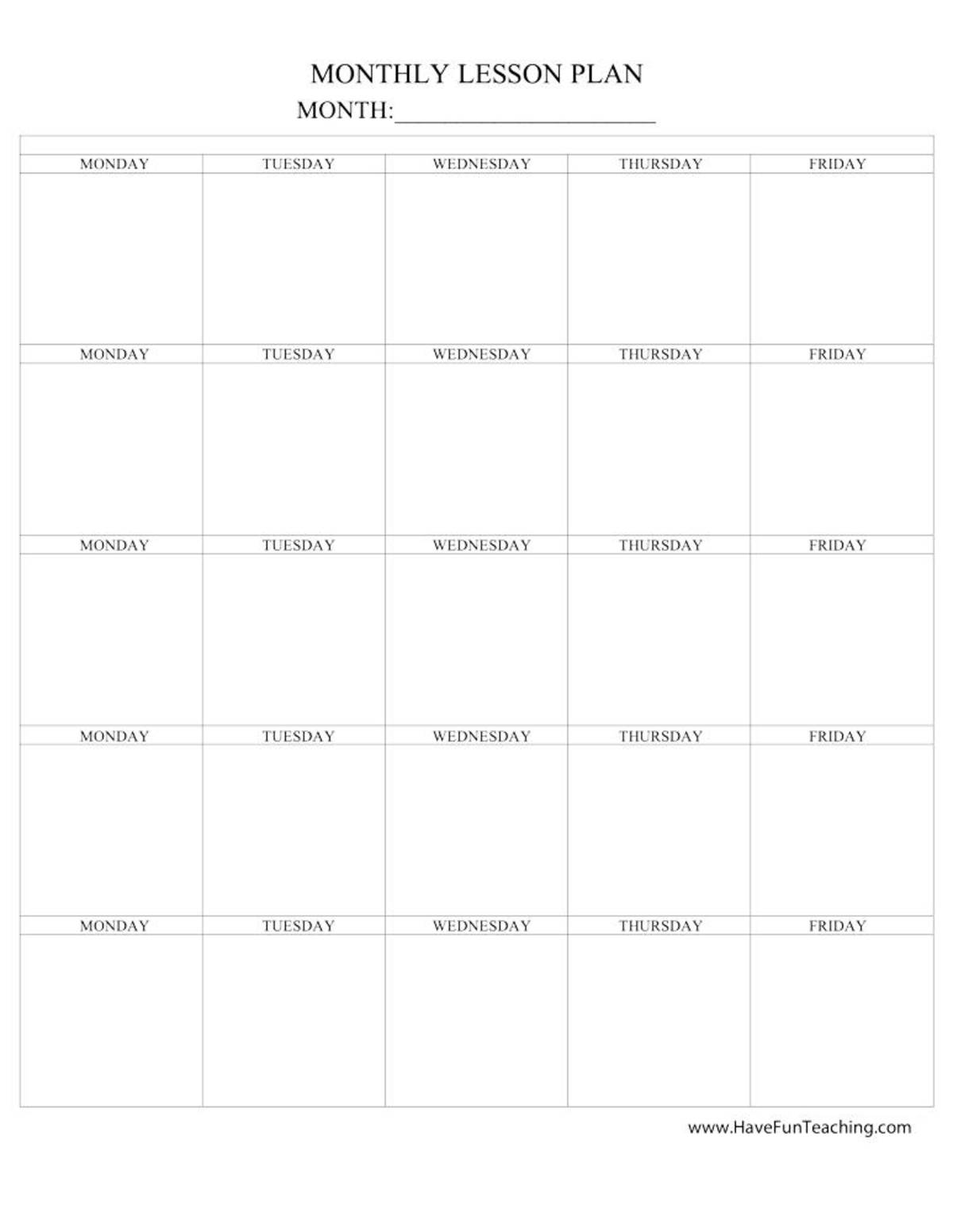 An educational teaching resource from Have Fun Teaching entitled Monthly Lesson Plan Template downloadable at Teach Simple.