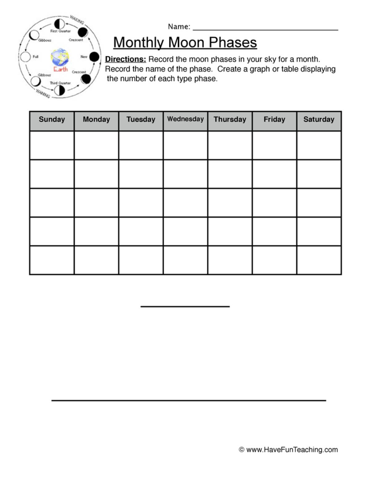 An educational teaching resource from Have Fun Teaching entitled Monthly Moon Phases Worksheet downloadable at Teach Simple.