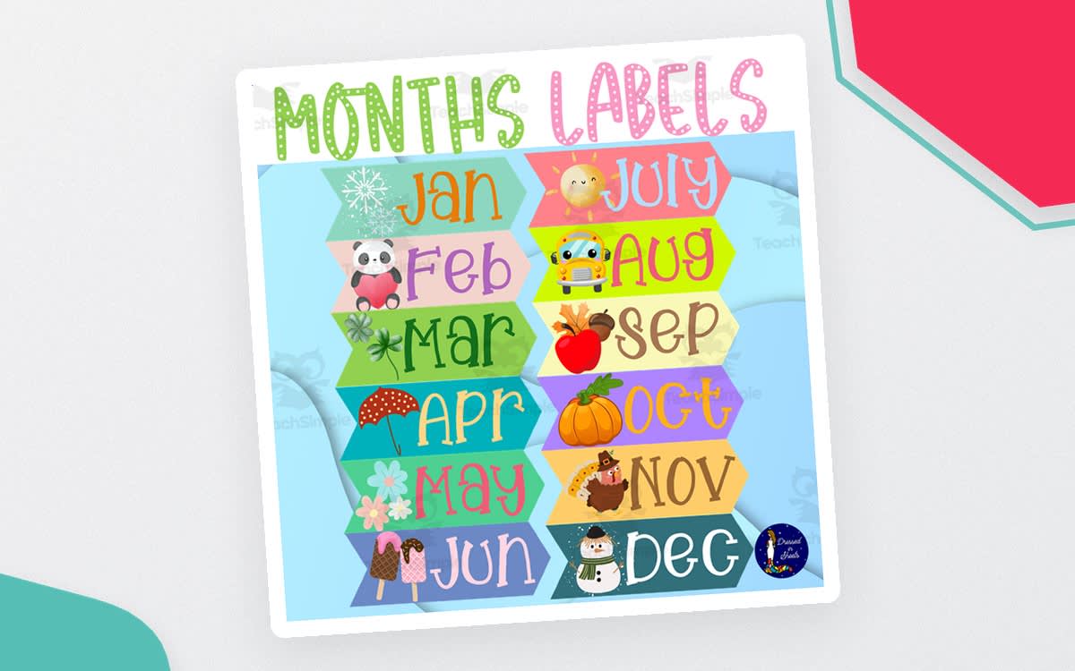 An educational teaching resource from Soumara Siddiqui entitled Months of the Year – Printable Labels Set downloadable at Teach Simple.