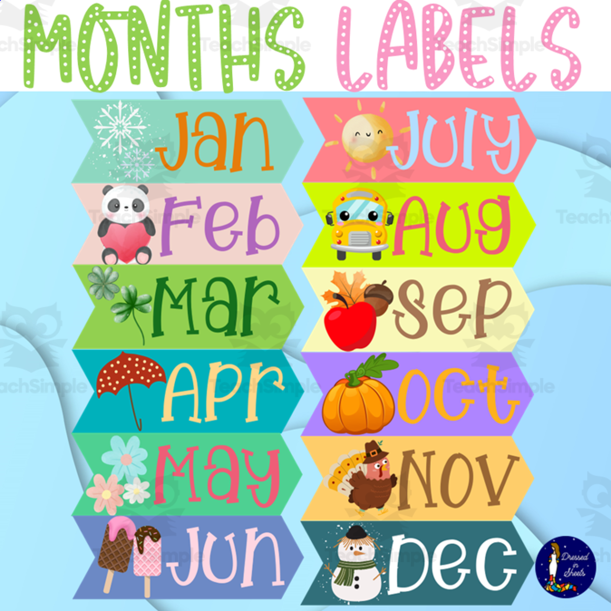 An educational teaching resource from Soumara Siddiqui entitled Months of the Year – Printable Labels Set downloadable at Teach Simple.