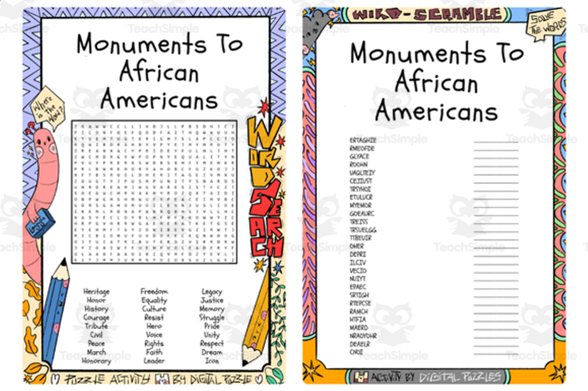 An educational teaching resource from Lapiiin Art Activities entitled Monuments To African Americans word search & scramble downloadable at Teach Simple.