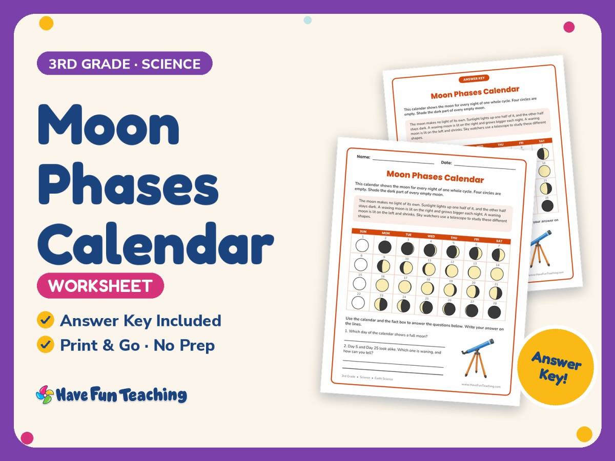 Moon Phases Calendar Worksheet – 3rd Grade Space Practice + Answer Key preview