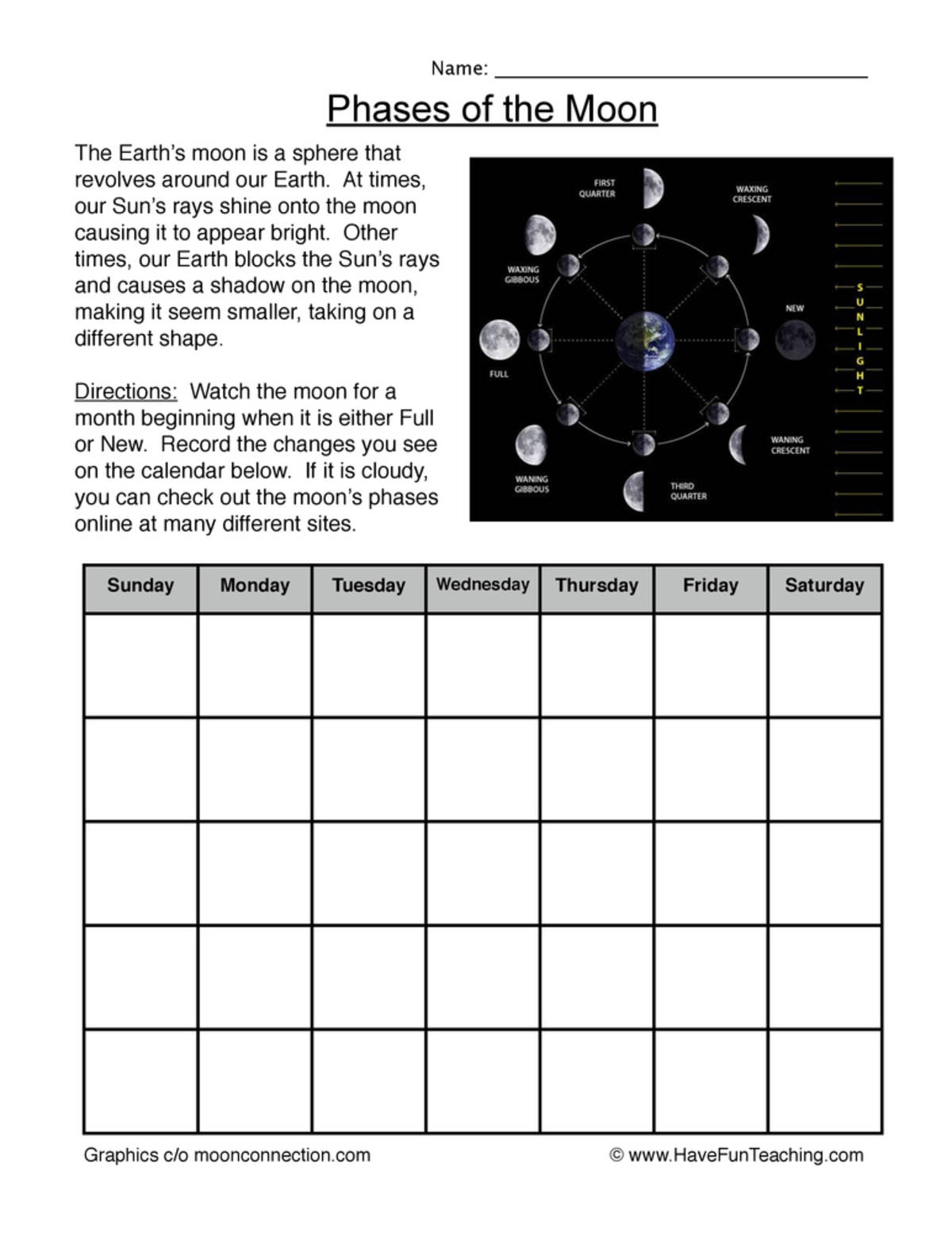 An educational teaching resource from Have Fun Teaching entitled Moon Phases Calendar Worksheet downloadable at Teach Simple.