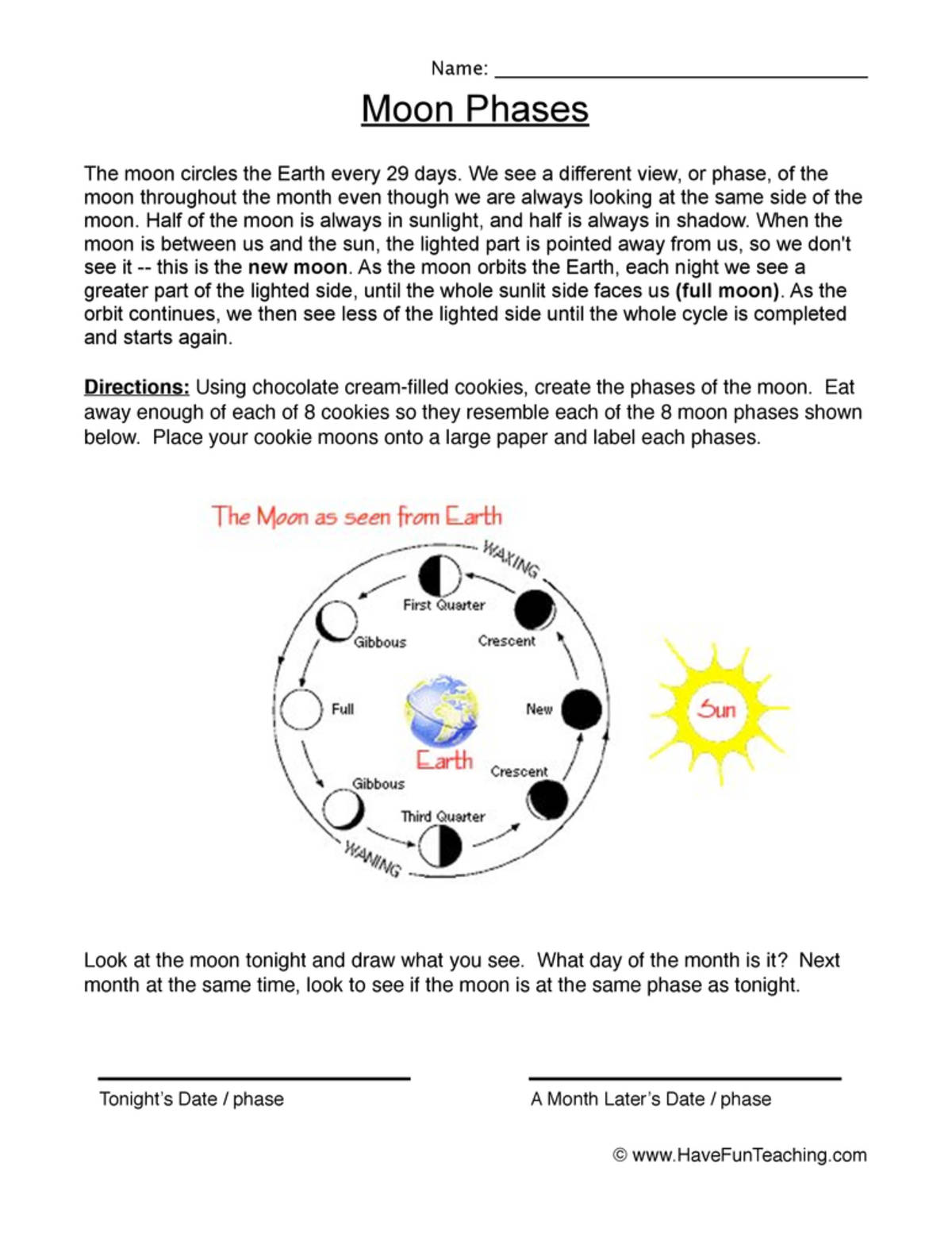 An educational teaching resource from Have Fun Teaching entitled Moon Phases Cookies Worksheet downloadable at Teach Simple.