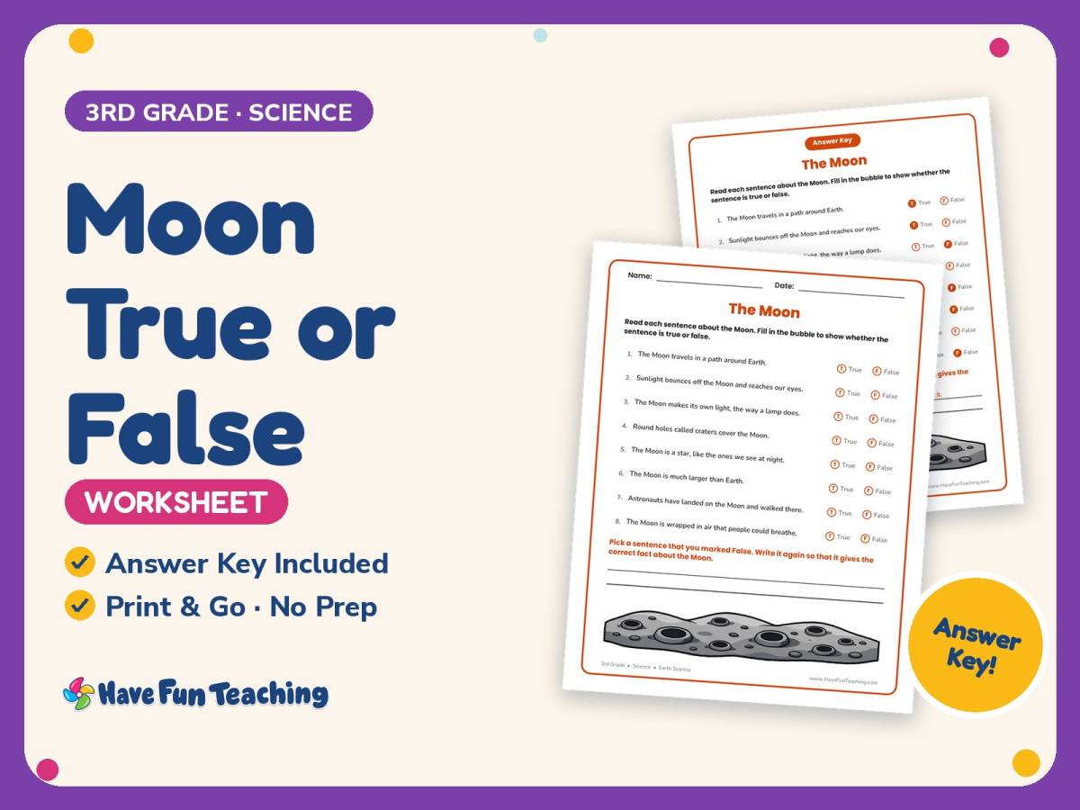 Moon True or False Worksheet – 3rd Grade Space Practice + Answer Key preview