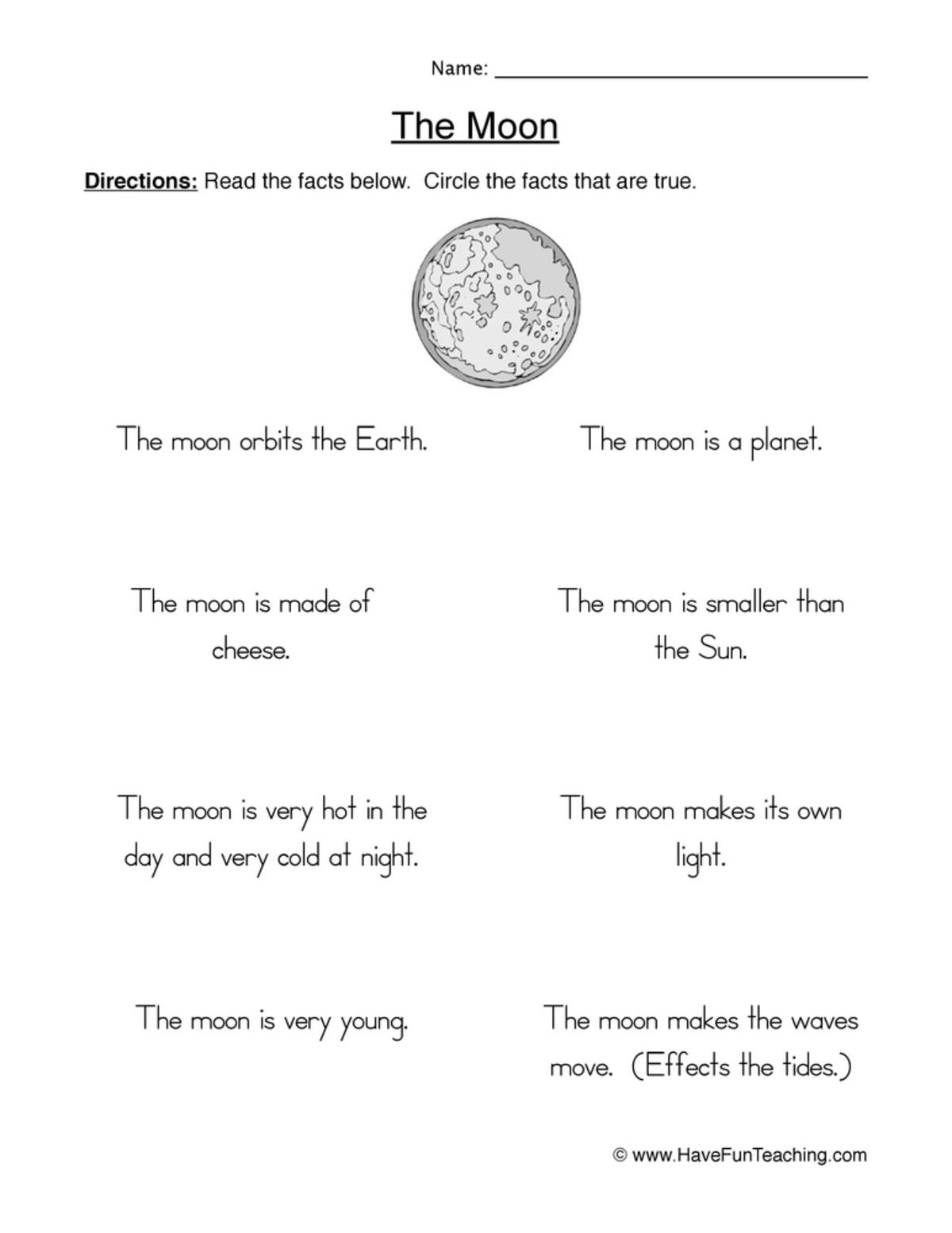 An educational teaching resource from Have Fun Teaching entitled Moon True or False Worksheet downloadable at Teach Simple.
