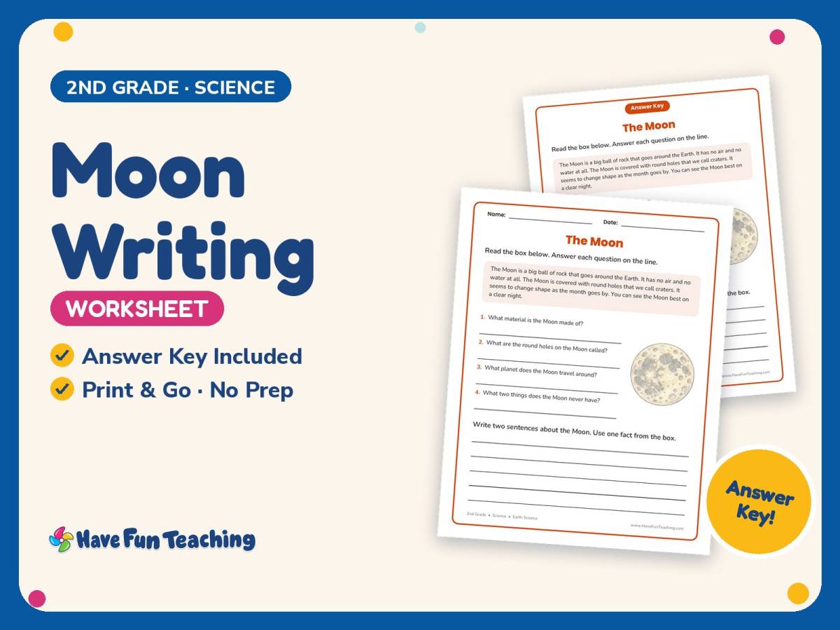 Moon Writing Worksheet – 2nd Grade Space Practice + Answer Key preview