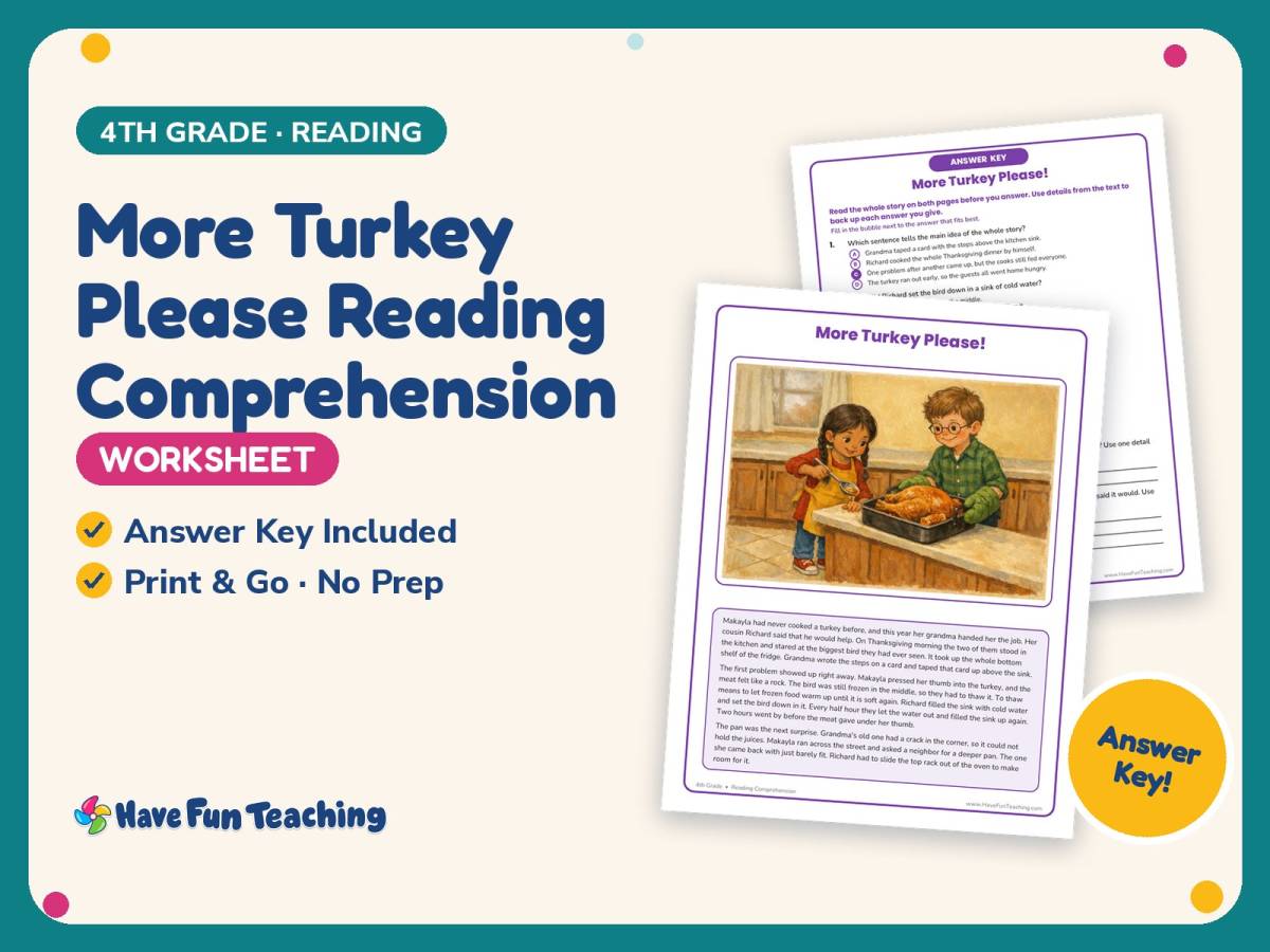 More Turkey Please Reading Comprehension Worksheet – 4th Grade preview