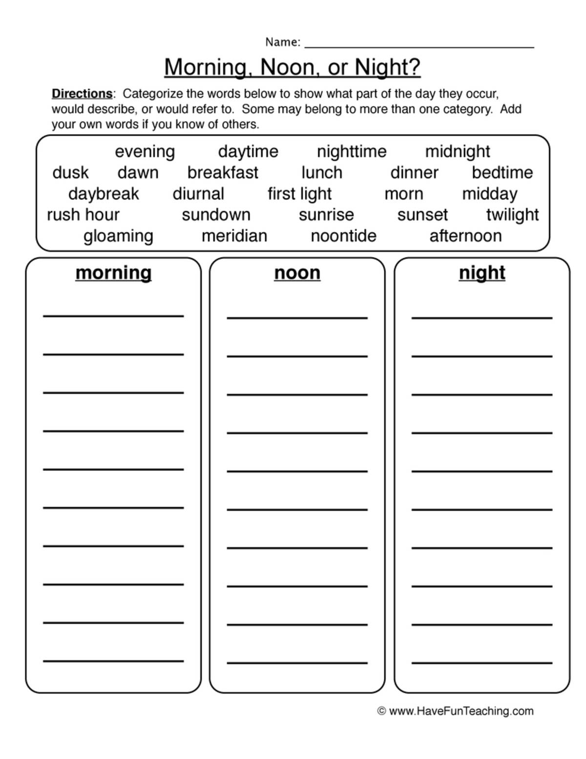 An educational teaching resource from Have Fun Teaching entitled Morning, Noon, or Night Sort Worksheet downloadable at Teach Simple.
