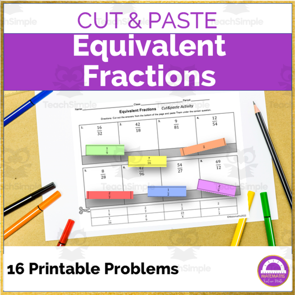 An educational teaching resource from Matemaths entitled Morning Work Simplifying Fractions Cut and Paste Activity downloadable at Teach Simple.