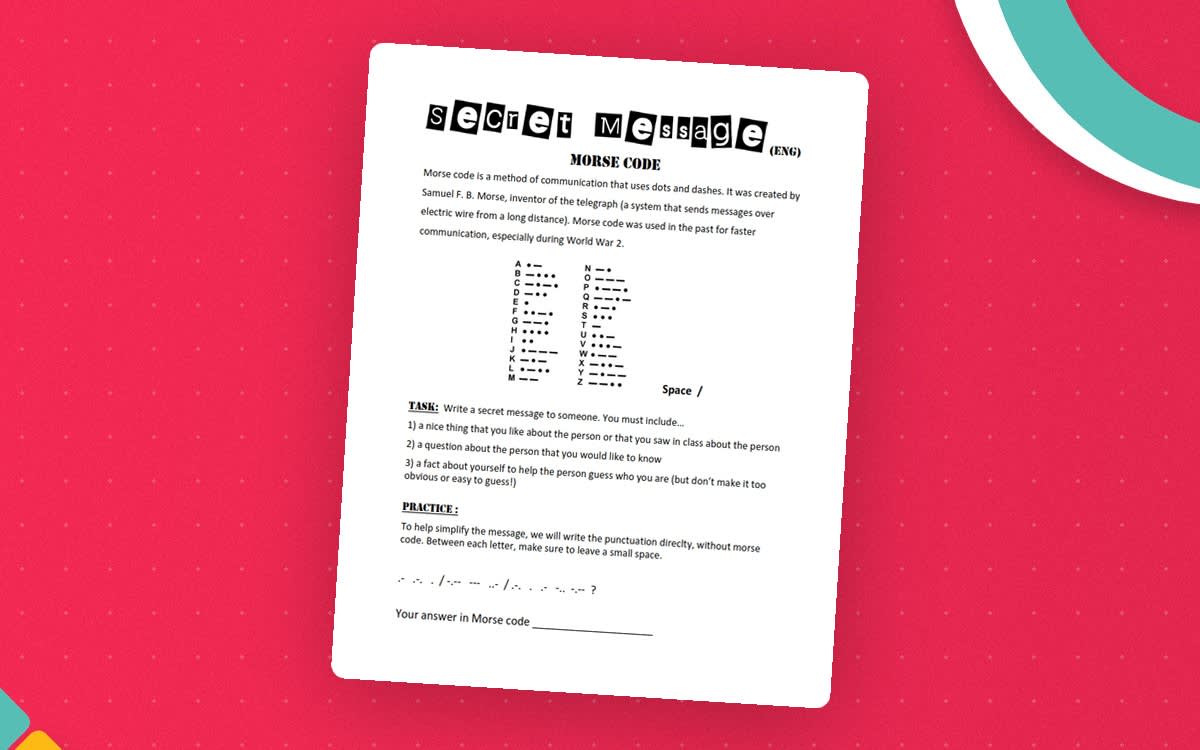An educational teaching resource from Brave Education entitled Morse Code Game – Secret Message Activity downloadable at Teach Simple.