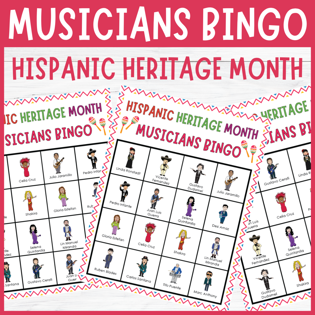 An educational teaching resource from Perfect_Printables entitled Most influential Hispanic musicians bingo, Hispanic Heritage Month downloadable at Teach Simple.