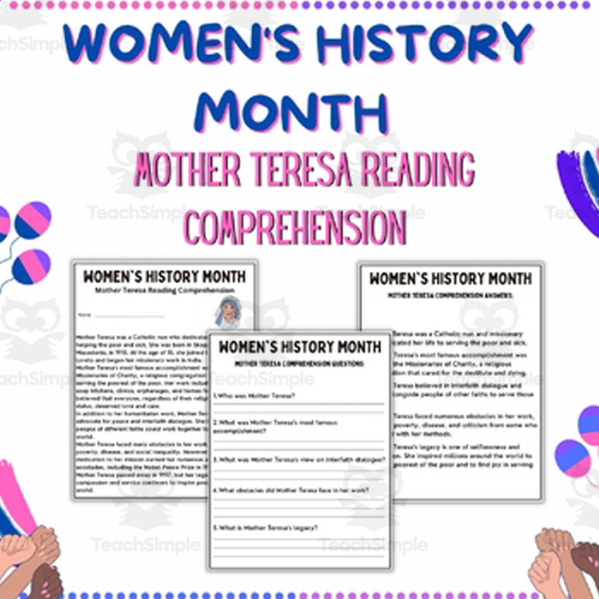 An educational teaching resource from Style Your Classroom entitled Mother Teresa: Inspiring Women's History Month - Read & Learn downloadable at Teach Simple.
