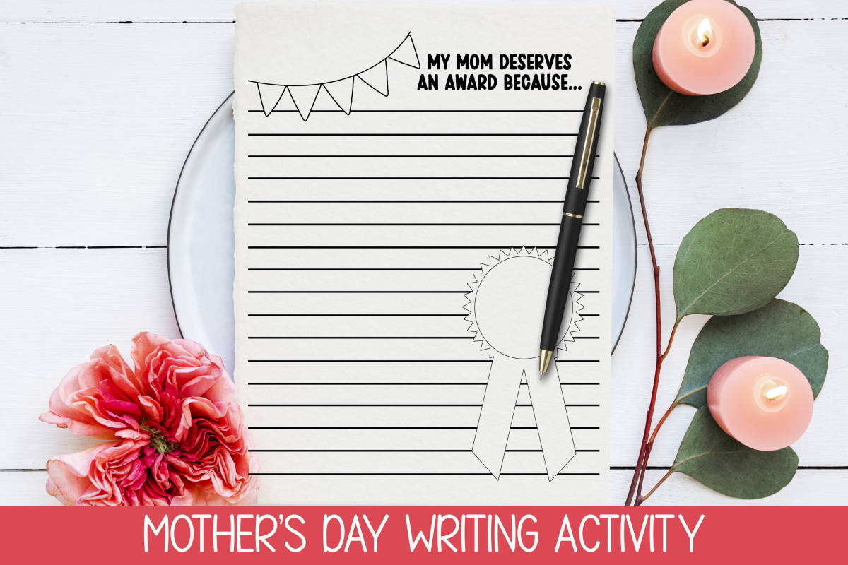 An educational teaching resource from Forever June Digital Design entitled MOTHER'S DAY AWARD WRITING ACTIVITY, TAKE HOME DIY GIFT FOR MOM, downloadable at Teach Simple.