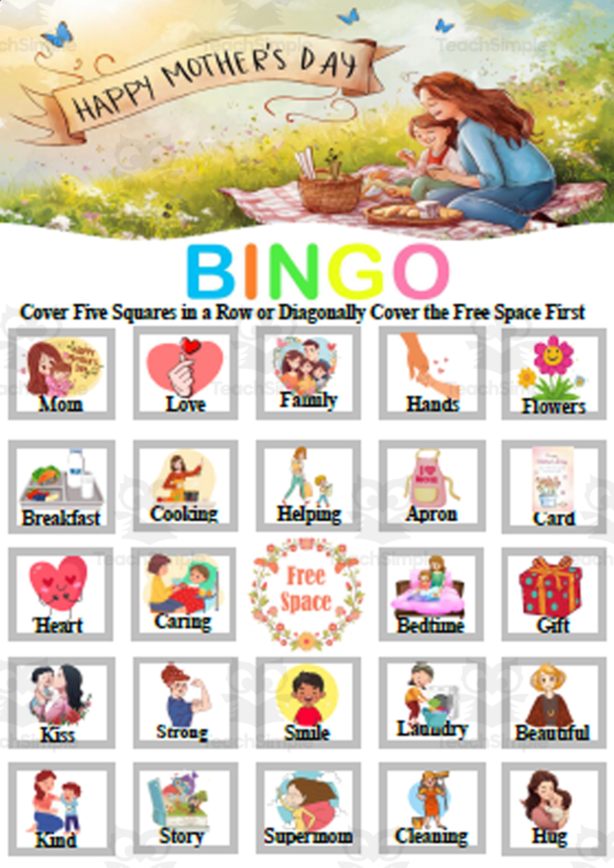 An educational teaching resource from Bambolina55 entitled Mother's Day Bingo Game Fun Engaging Activitiy for K to 4th grad downloadable at Teach Simple.