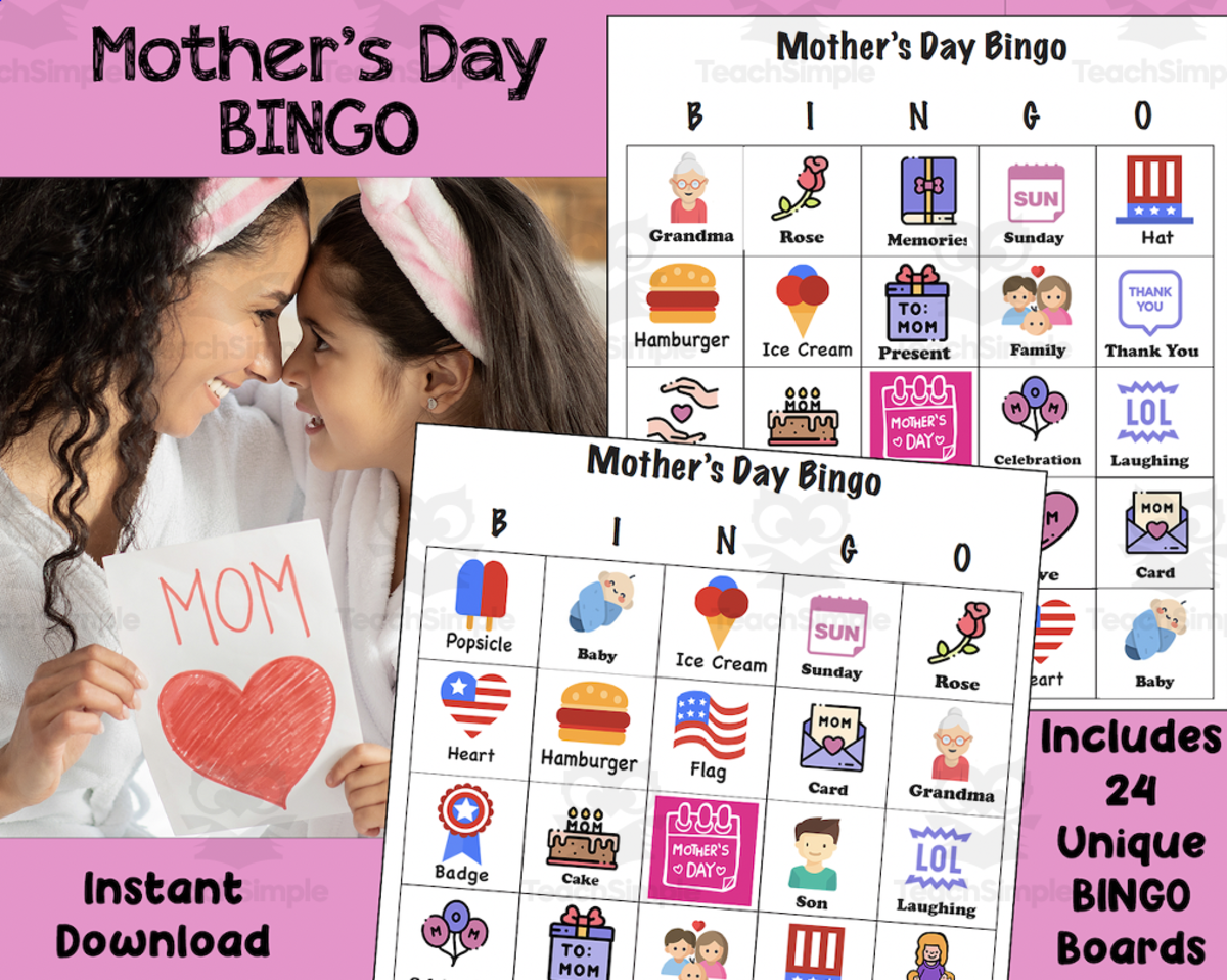 An educational teaching resource from Leader Connecting Leaders entitled Mother's Day Bingo Game, Mother's Day Printable, Mother's Day Family Game downloadable at Teach Simple.