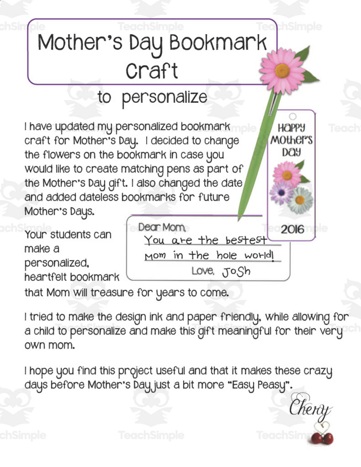 An educational teaching resource from Easy Peasy Primary Resources entitled Mother's Day Bookmark Craft downloadable at Teach Simple.
