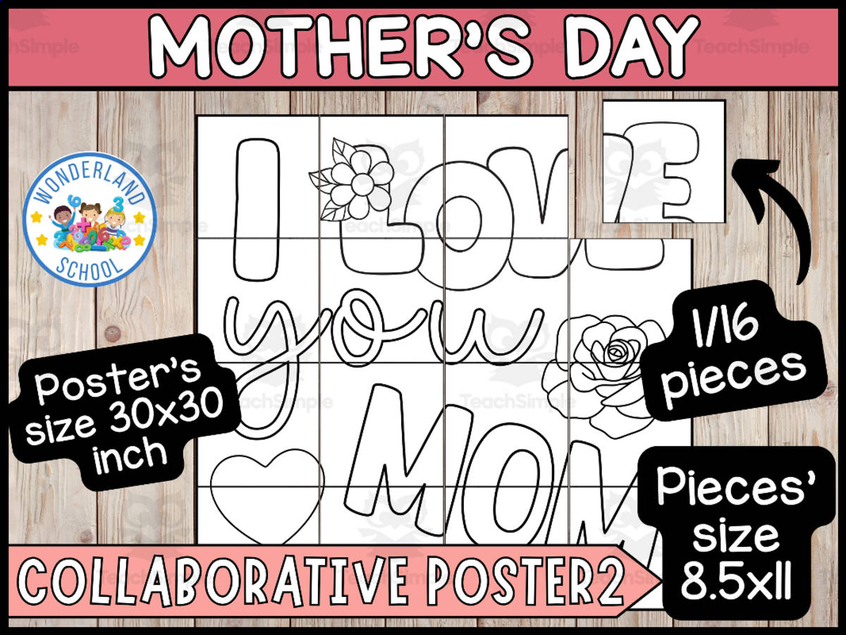 An educational teaching resource from Wonderland School entitled Mothers Day Collaborative Coloring Poster | Mother's Day Coloring page downloadable at Teach Simple.