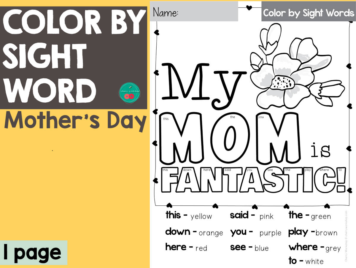 An educational teaching resource from Cherry Workshop entitled Mother's Day Color By Sight Word downloadable at Teach Simple.