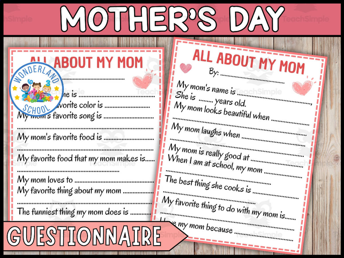 An educational teaching resource from Wonderland School entitled Mother's Day Questionnaire | All About My Mom Worksheets downloadable at Teach Simple.