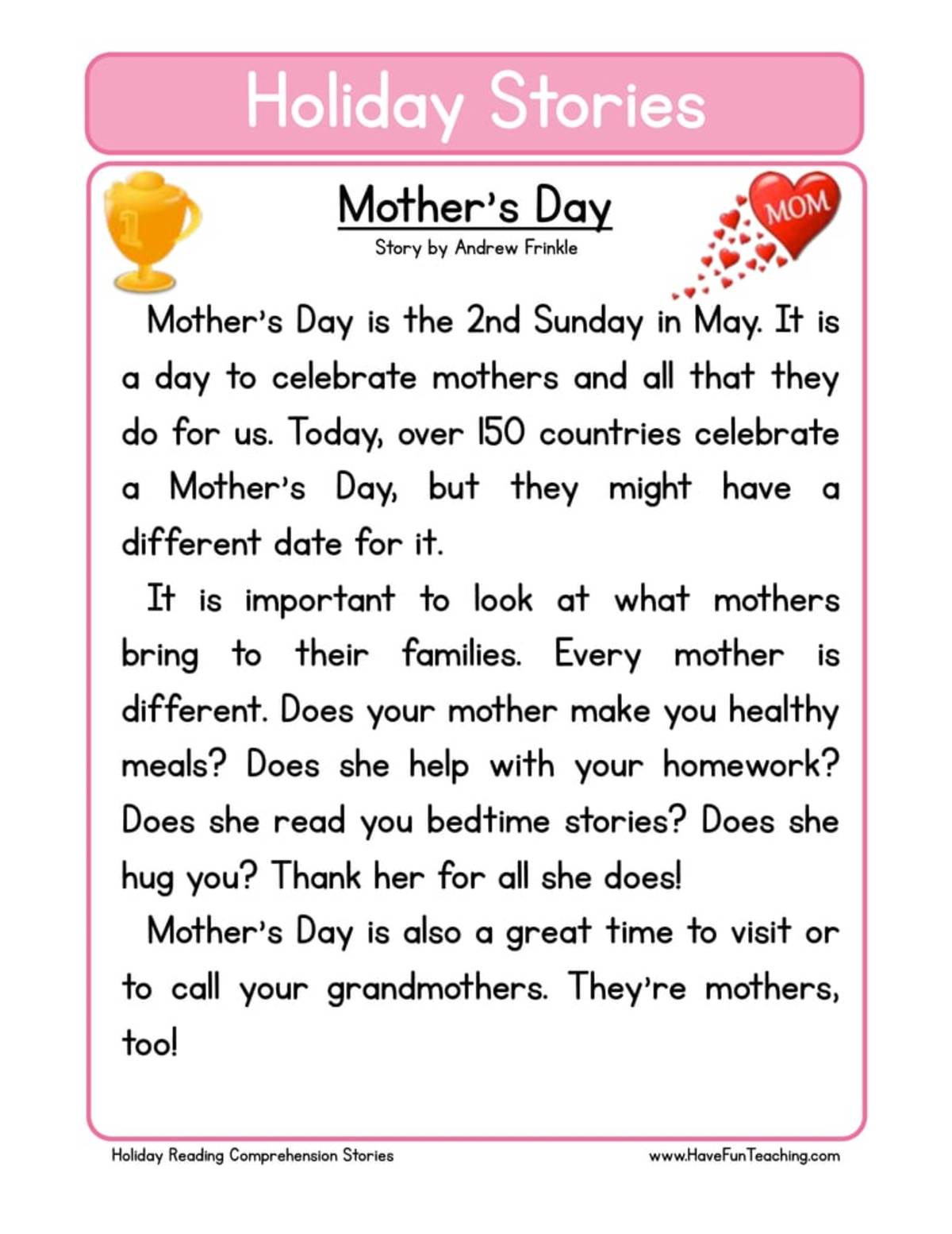An educational teaching resource from Have Fun Teaching entitled Mothers Day Reading Comprehension Worksheet downloadable at Teach Simple.