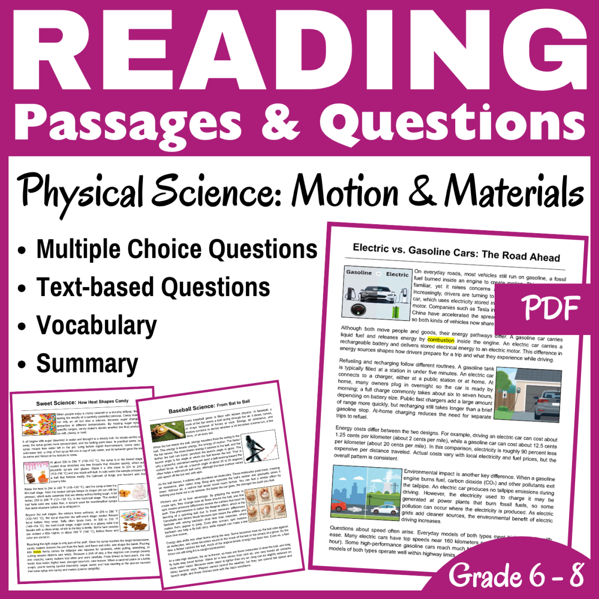 An educational teaching resource from CORED Education - Middle & High School entitled Motion & Materials: Physical Science Reading Comprehension (PDF) downloadable at Teach Simple.