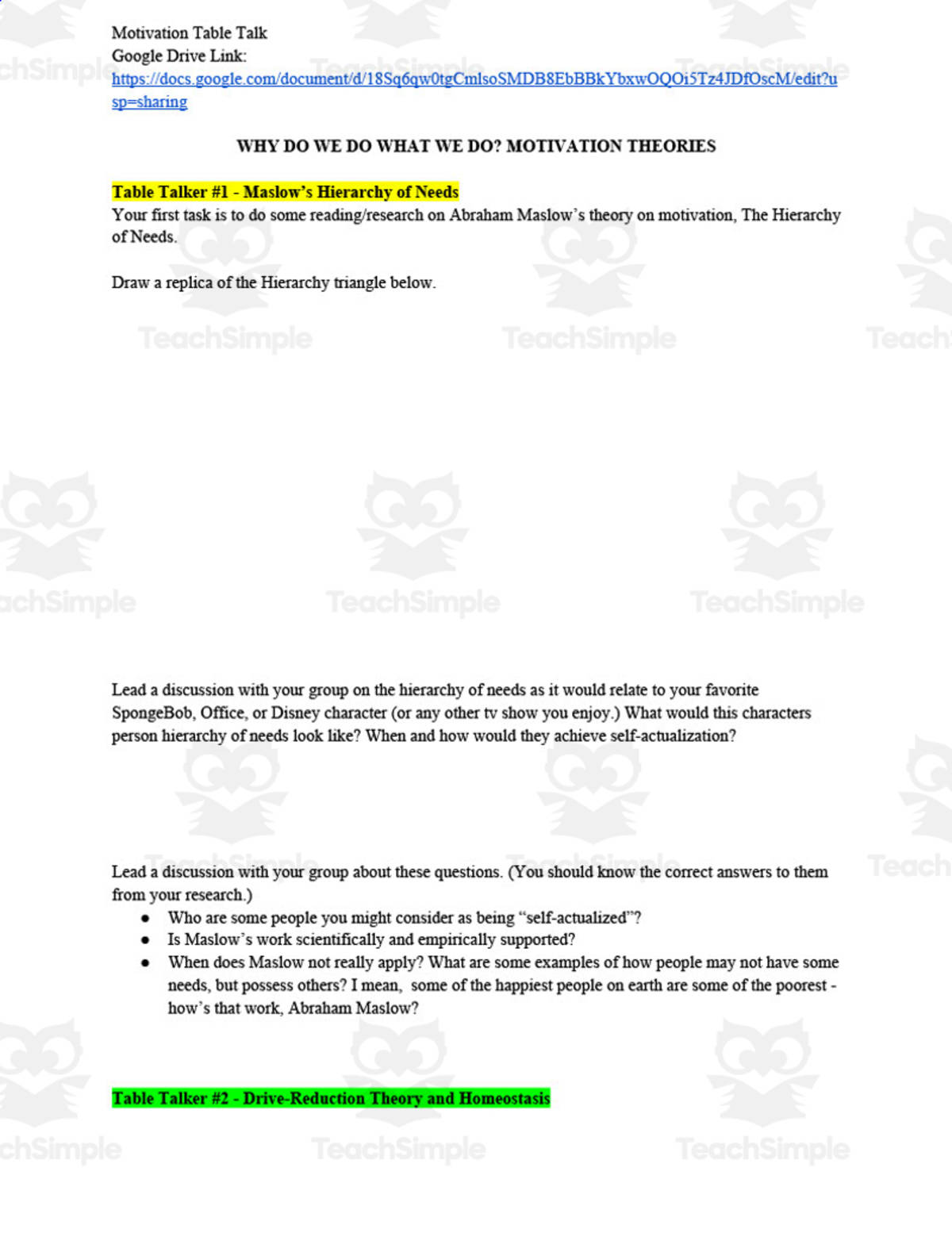 An educational teaching resource from Skinner's Box entitled Motivation Table Talk downloadable at Teach Simple.
