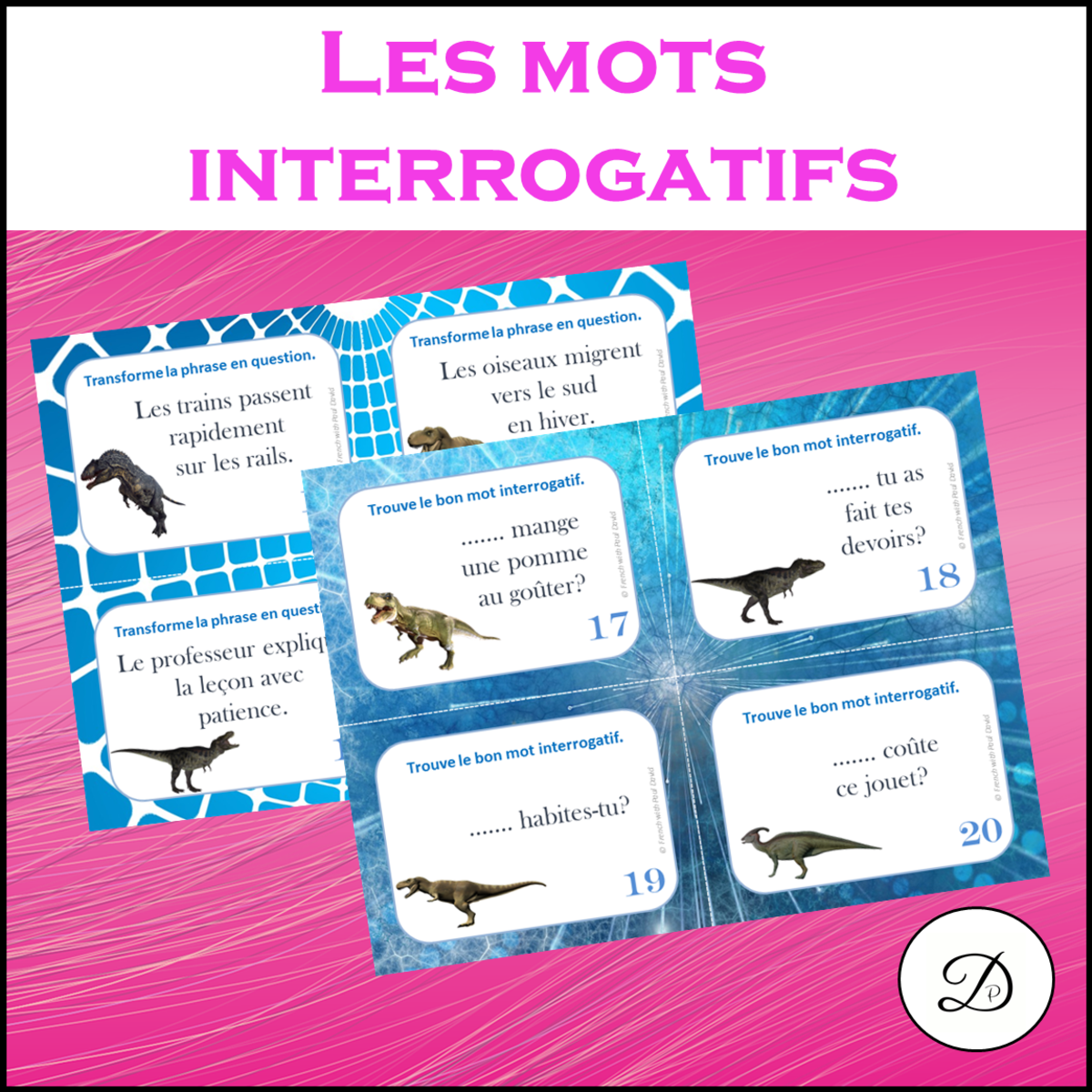 An educational teaching resource from French with Paul David entitled Mots interrogatifs : 32 CAT French question words Poster + Task Cards downloadable at Teach Simple.