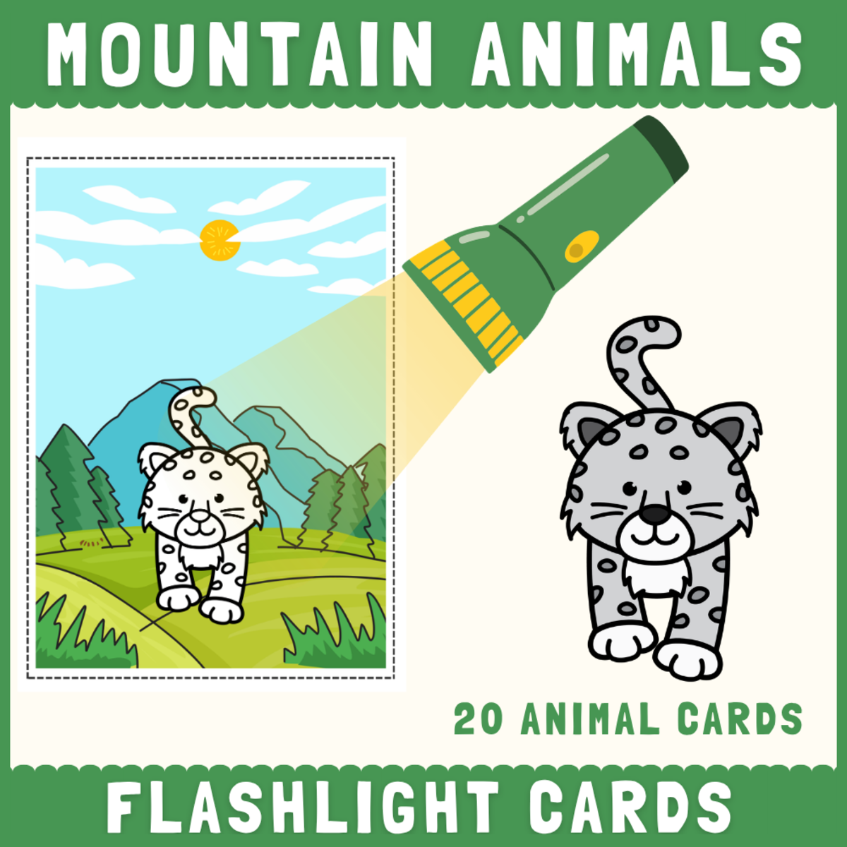 An educational teaching resource from Perfect_Printables entitled Mountain Habitat animals flashlight cards hidden picture activity downloadable at Teach Simple.