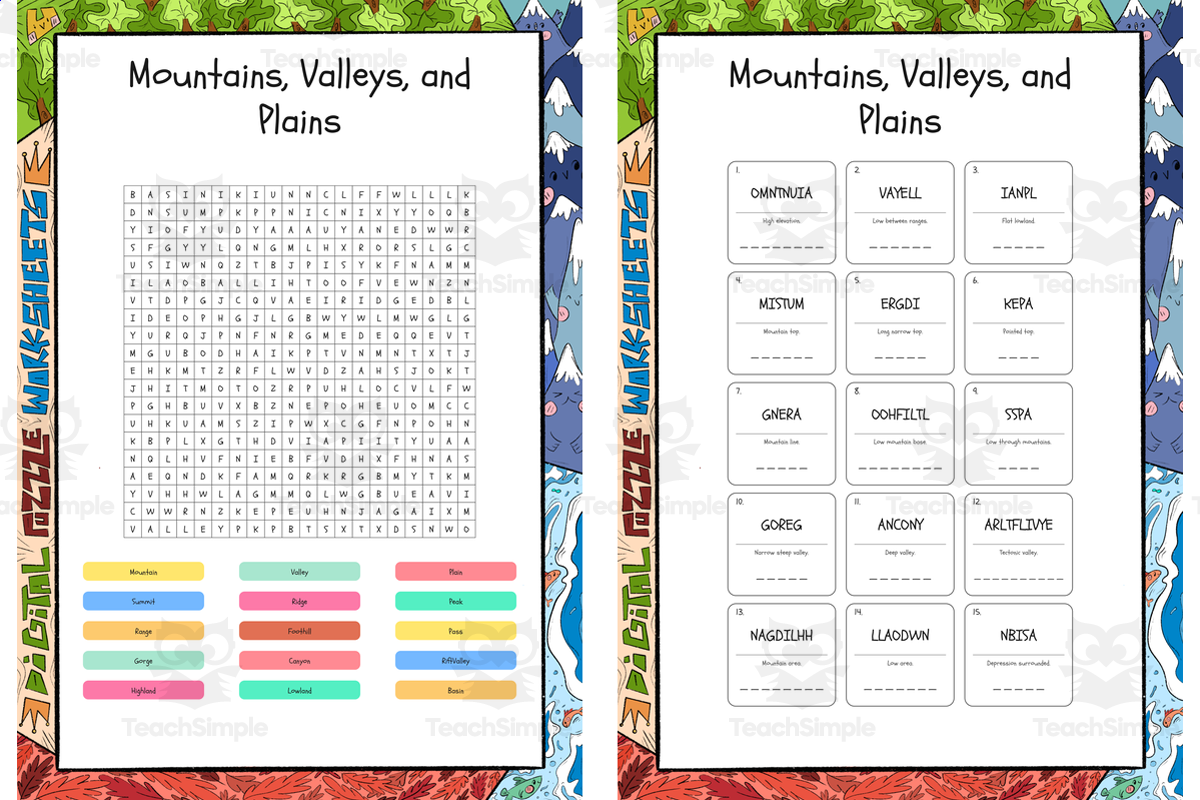 An educational teaching resource from Lapiiin Art Activities entitled Mountains, Valleys, and Plains word search, scramble and crossword downloadable at Teach Simple.