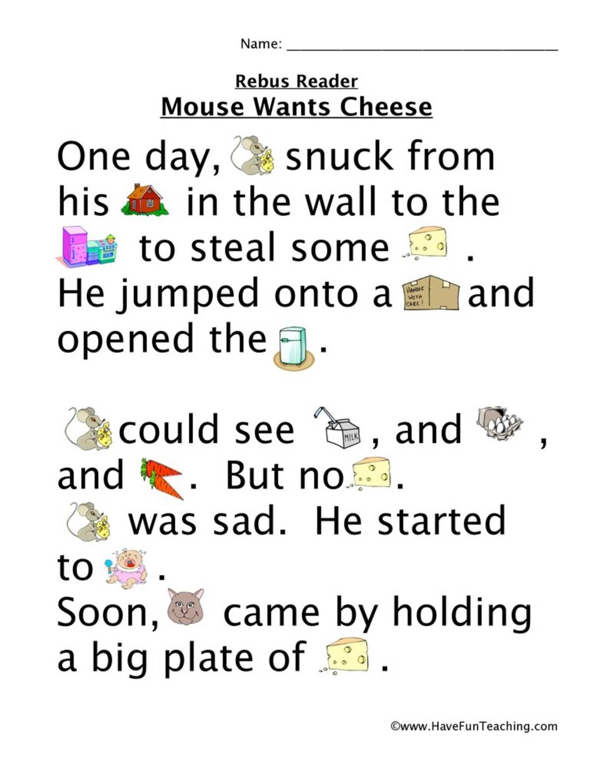 An educational teaching resource from Have Fun Teaching entitled Mouse Wants Cheese Rebus Worksheet downloadable at Teach Simple.
