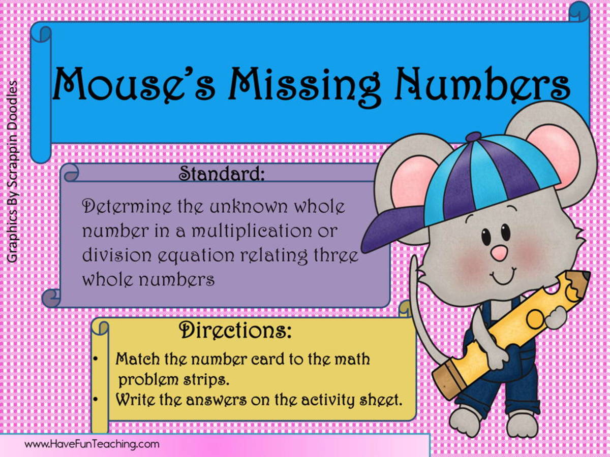 An educational teaching resource from Have Fun Teaching entitled Mouses Missing Numbers Multiplication Division Activity downloadable at Teach Simple.