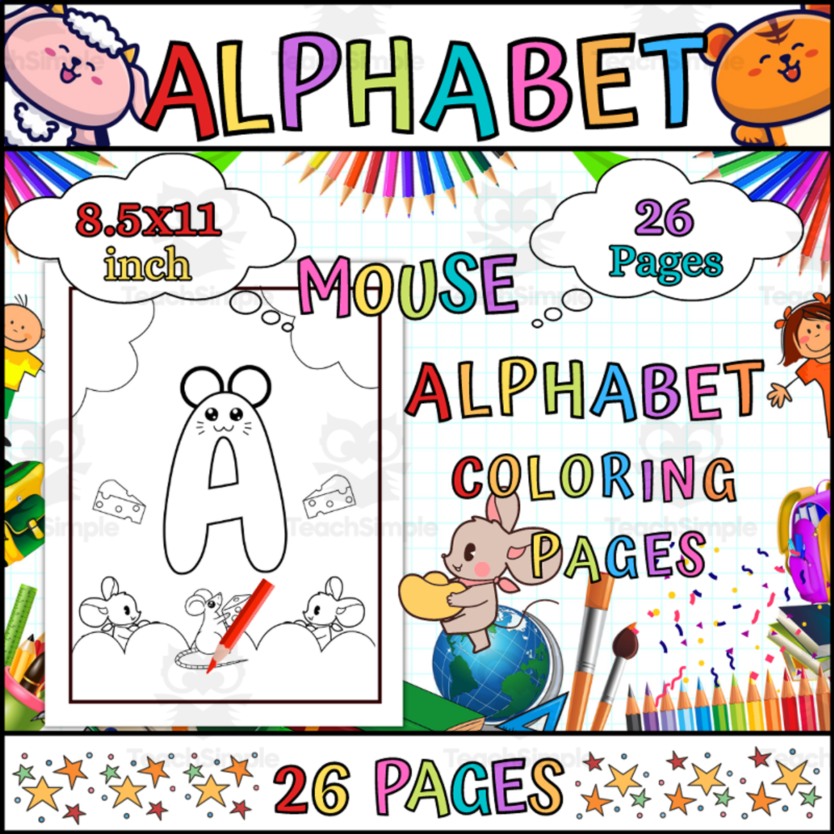 An educational teaching resource from 1 Teaches 2 Learn entitled Mousey ABC Coloring Pages for Preschool & Kindergarten downloadable at Teach Simple.