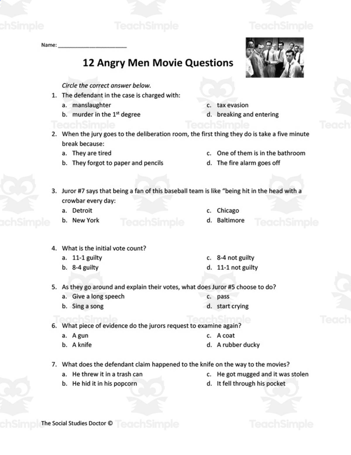 An educational teaching resource from The Social Studies Doctor entitled Movie Companion: 12 Angry Men downloadable at Teach Simple.