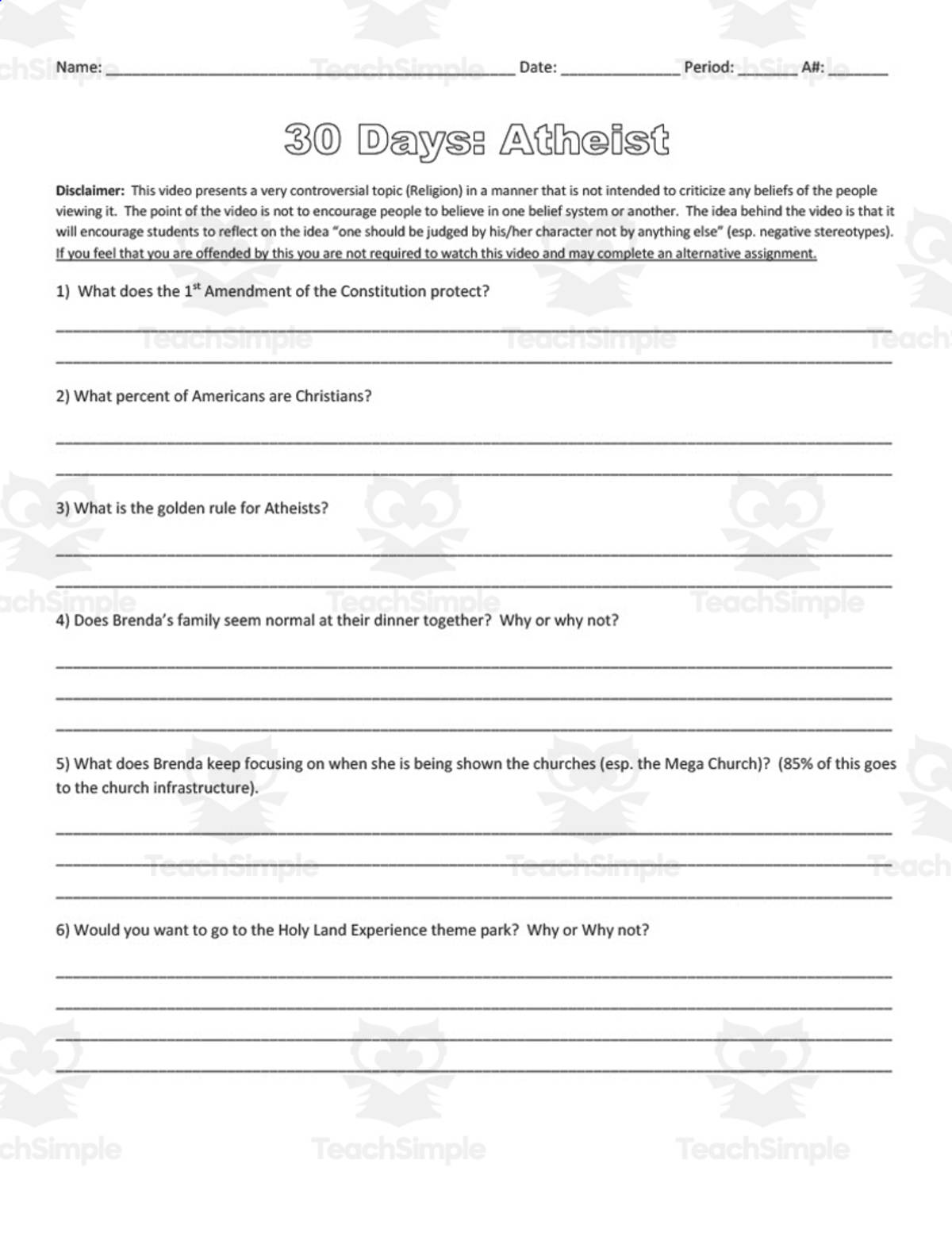 An educational teaching resource from DrDrew entitled Movie Guide: 30 Days Atheist | Comprehension Questions downloadable at Teach Simple.