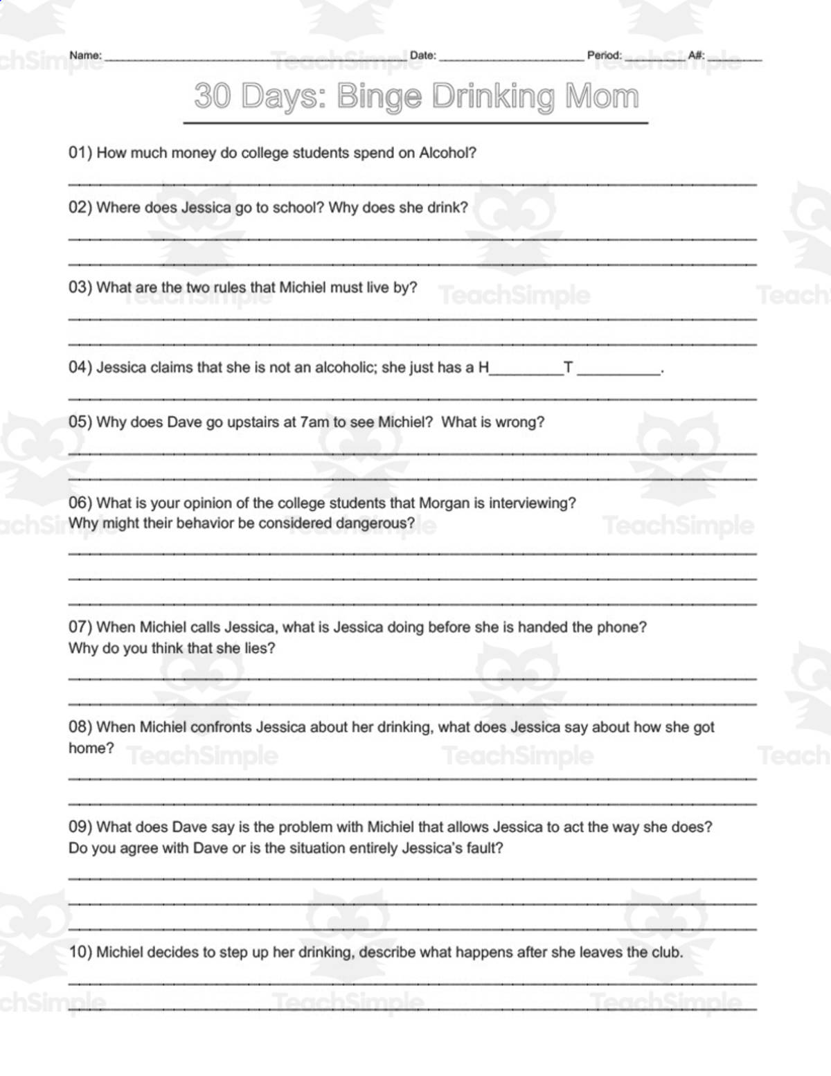 An educational teaching resource from DrDrew entitled Movie Guide: 30 Days Binge Drinking Mom | Comprehension Questions downloadable at Teach Simple.