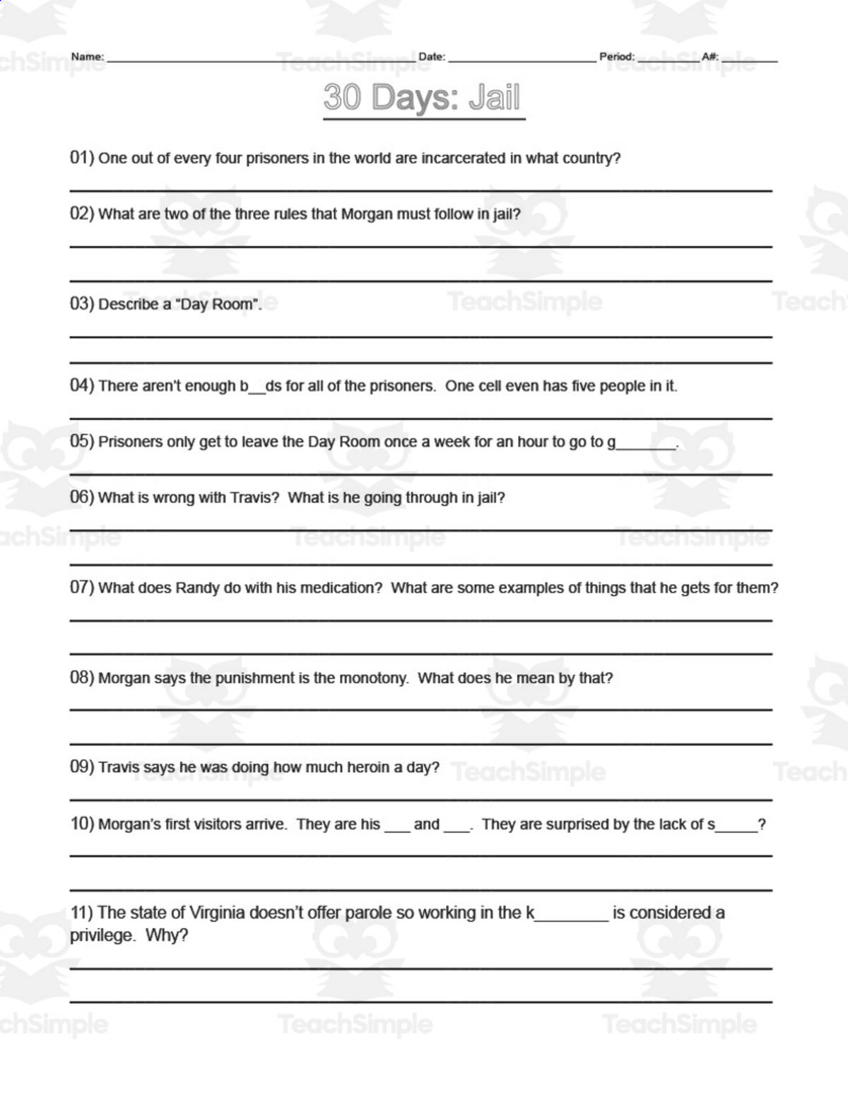 An educational teaching resource from DrDrew entitled Movie Guide: 30 Days Jail | Comprehension Questions downloadable at Teach Simple.