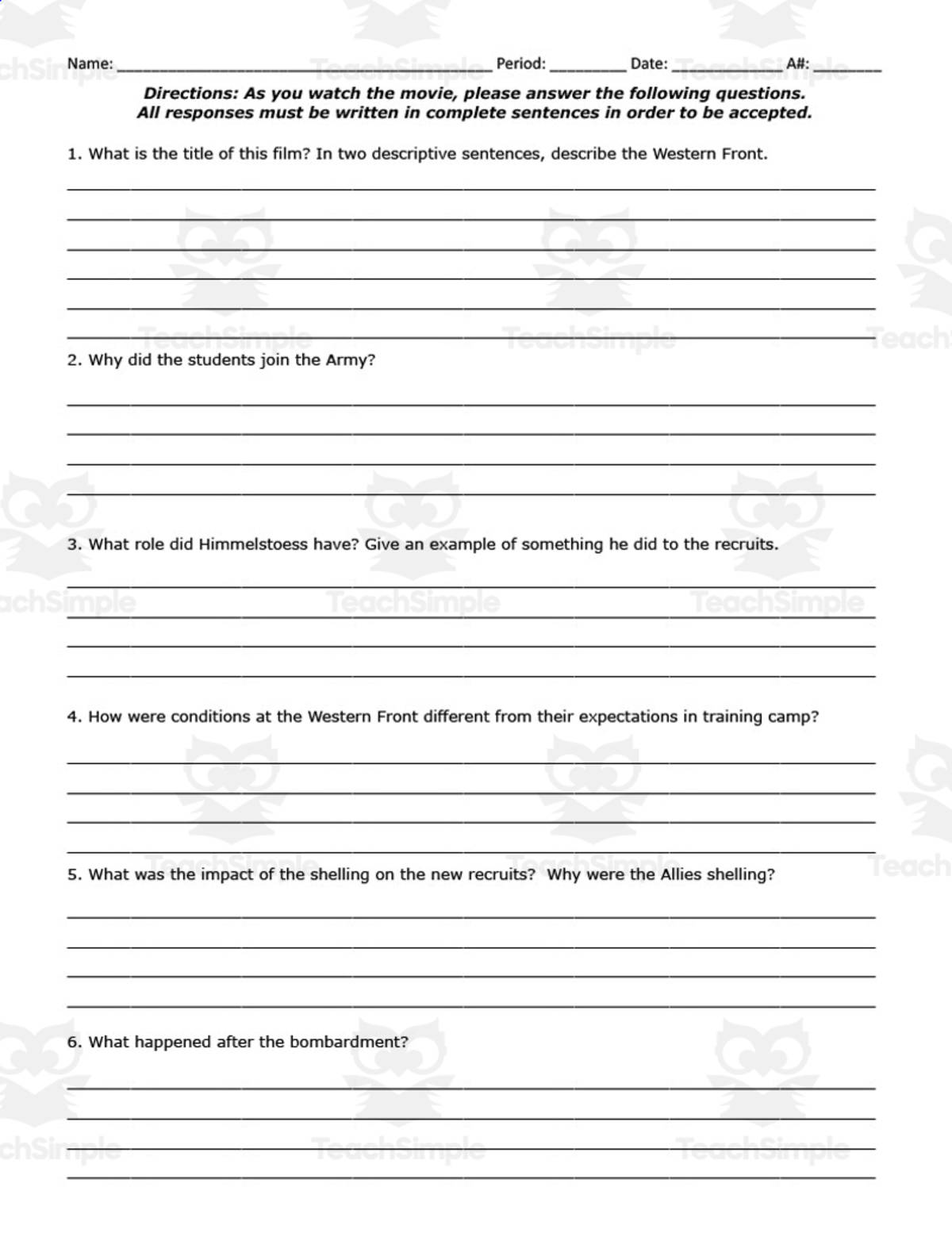 An educational teaching resource from DrDrew entitled Movie Guide: All Quiet on the Western Front | Comprehension Questions downloadable at Teach Simple.
